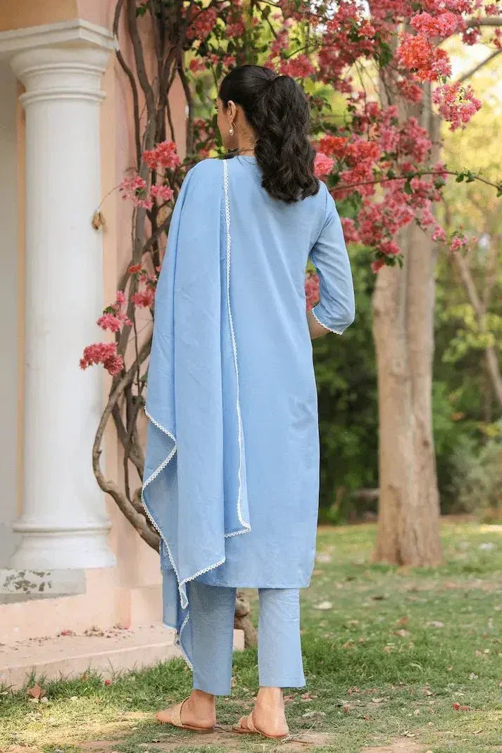 SARGAM POWDER BLUE PURE MUL COTTON  CHIKANKARI SUIT SET