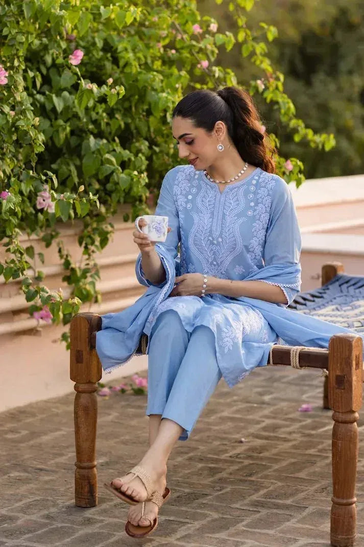 SARGAM POWDER BLUE PURE MUL COTTON  CHIKANKARI SUIT SET