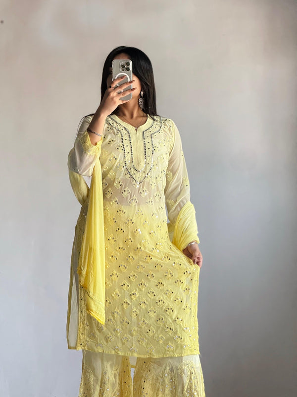 FANHA CHIKANKARI YELLOW 3 PIECE GEORGETTE MIRROR SET