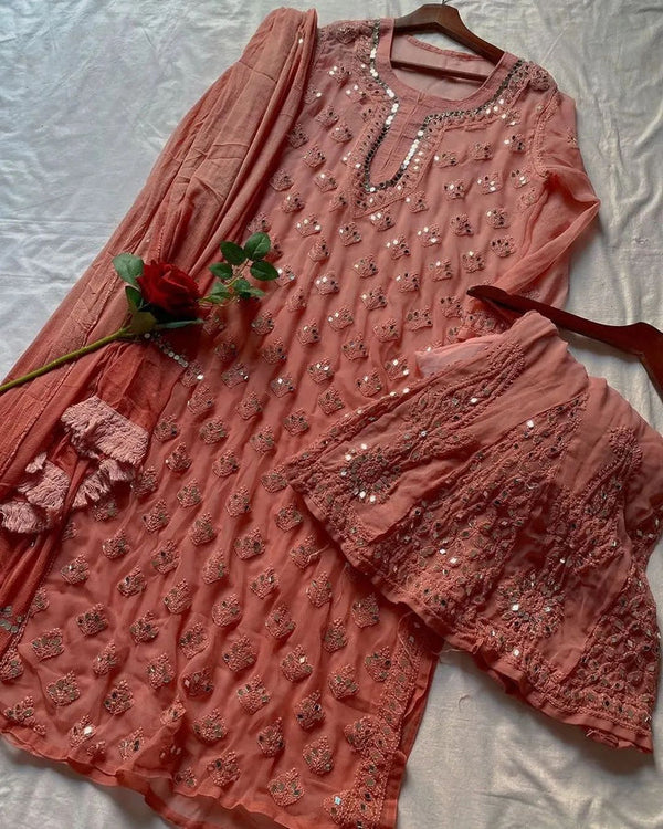 FANHA CHIKANKARI BROWN 3 PIECE GEORGETTE MIRROR SET