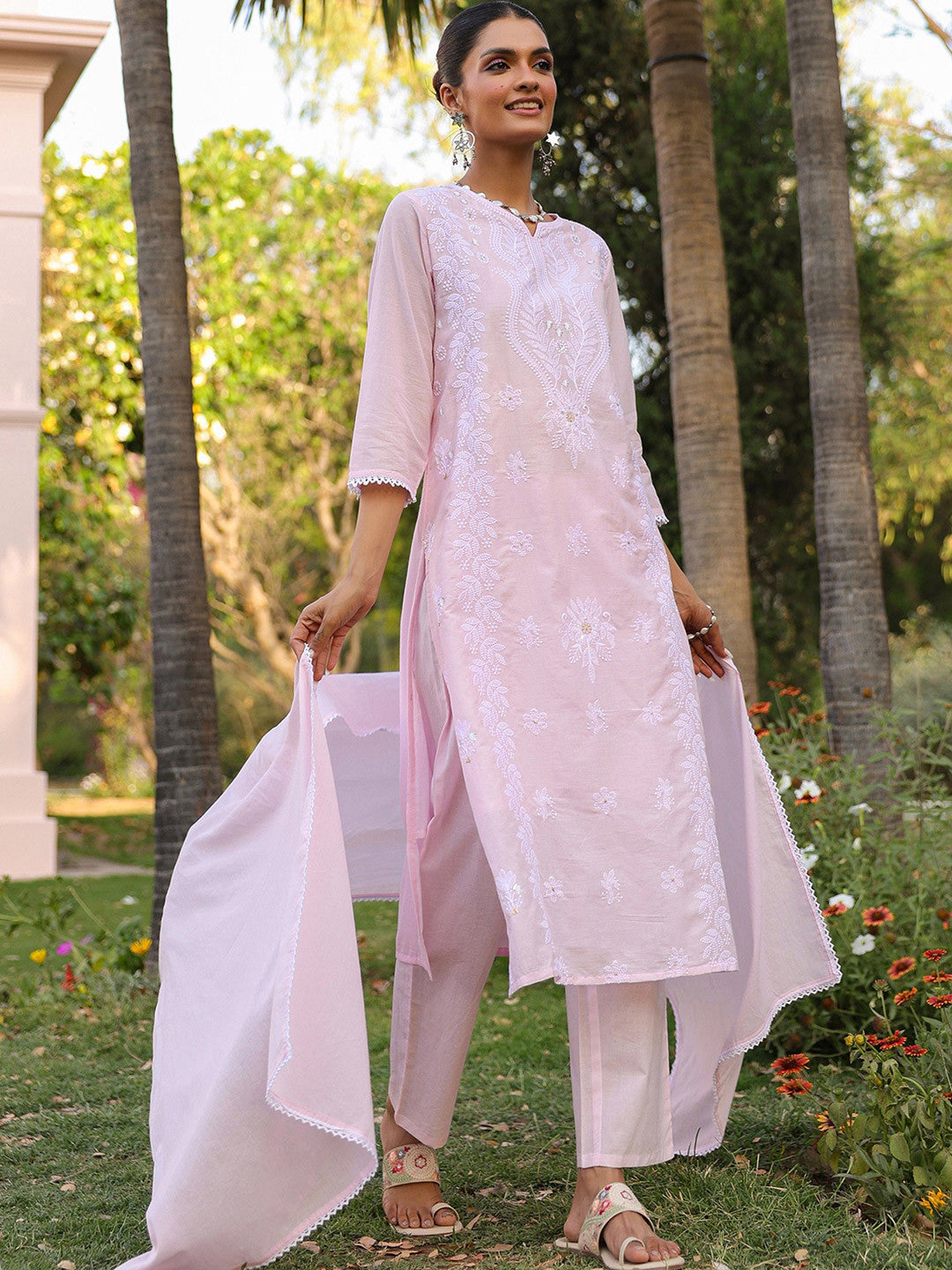 SARGAM PINK PURE MUL COTTON CHIKANKARI SUIT SET