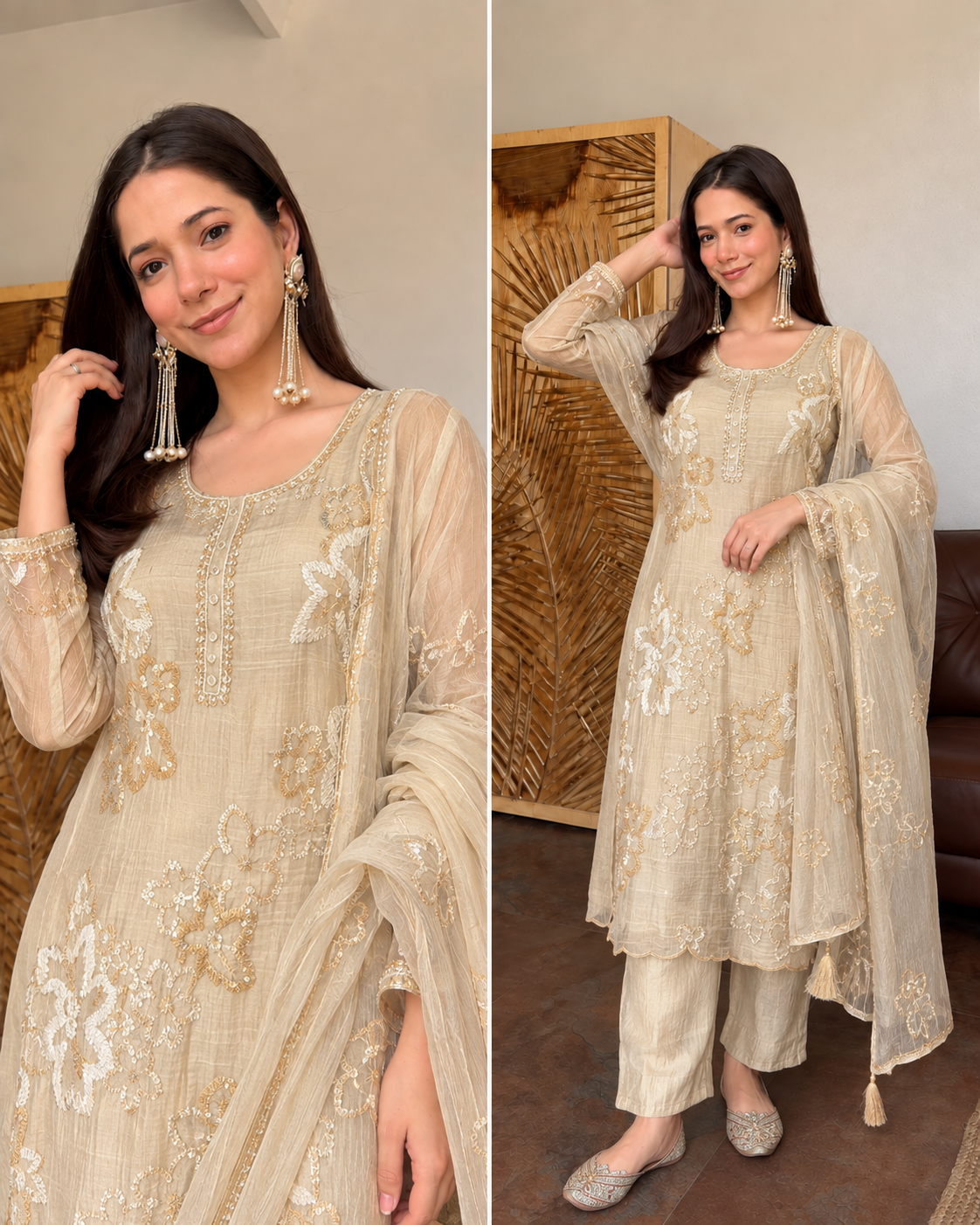 KIARA BEIGE PREMIUM CRUSH SALSA FABRIC HANDWORK SUIT
