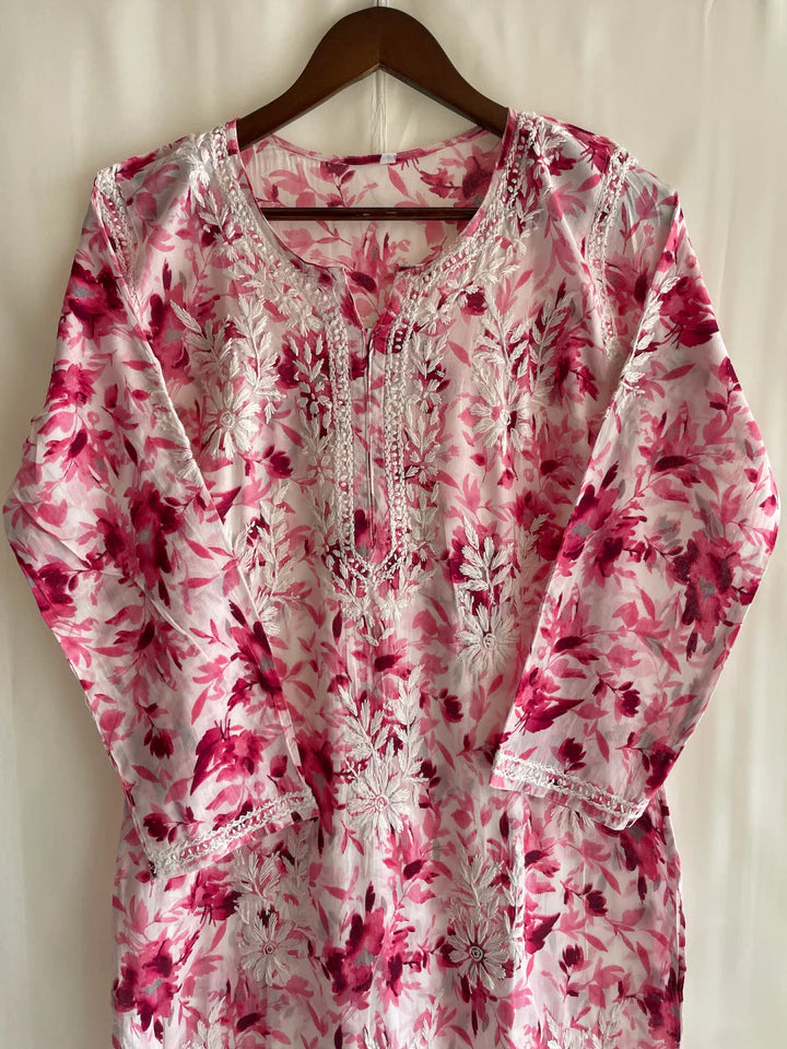 AALIA CHIKANKARI PINK MUL COTTON STRAIGHT KURTA - Ethnic Naari