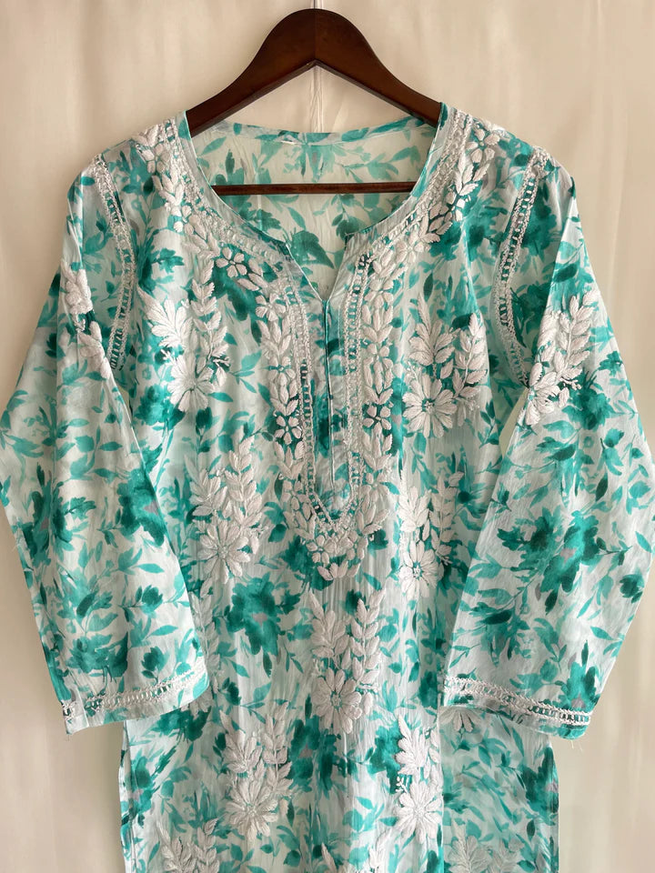 AALIA CHIKANKARI SEA GREEN MUL COTTON STRAIGHT KURTA - Ethnic Naari