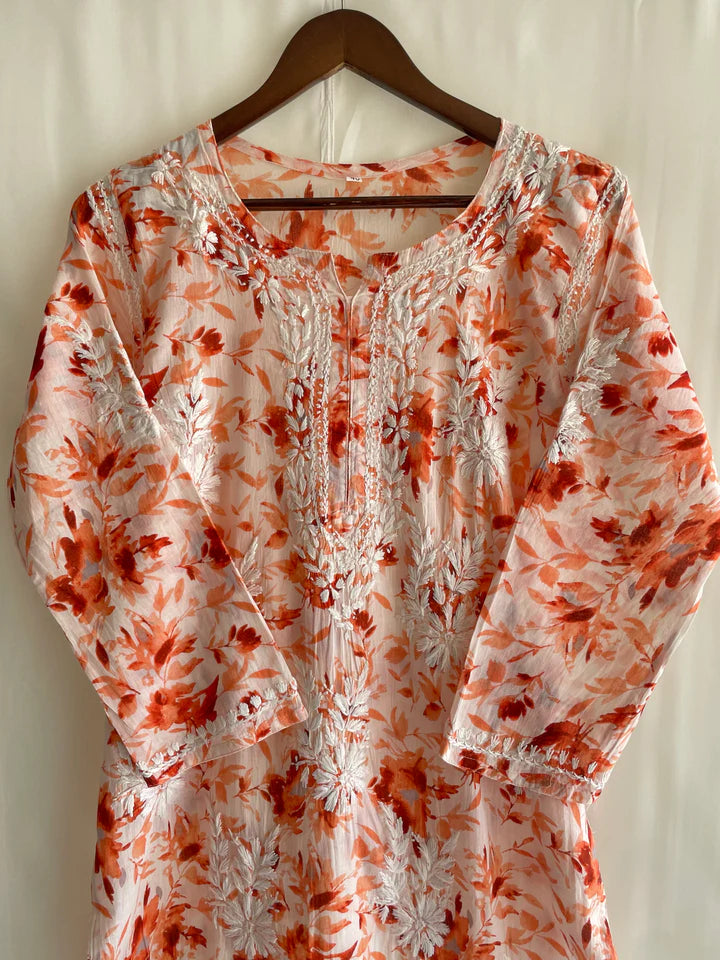 AALIA CHIKANKARI ORANGE MUL COTTON STRAIGHT KURTA - Ethnic Naari