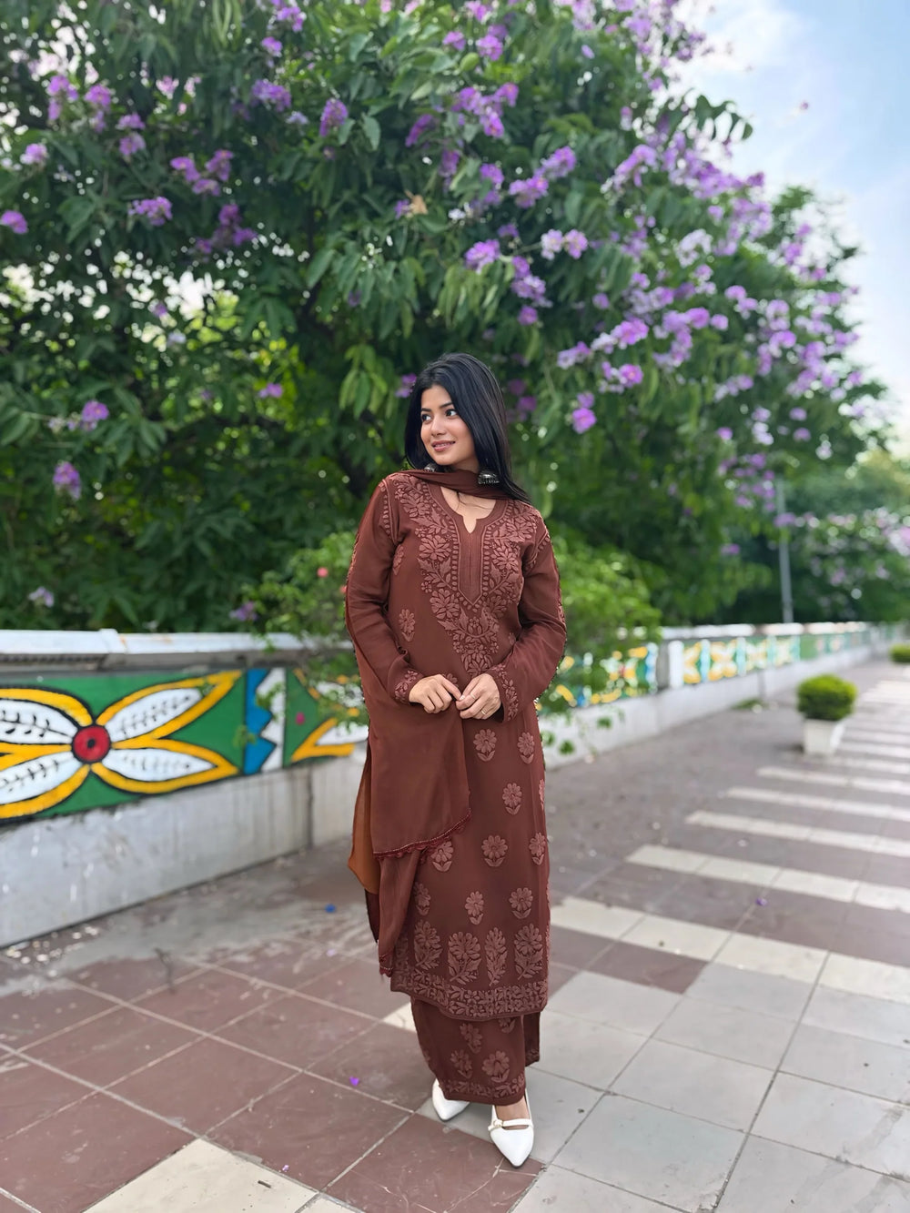 SWATI PREMIUM VISCOSE GEORGETTE 3D WORK BROWN STRAIGHT KURTA SET
