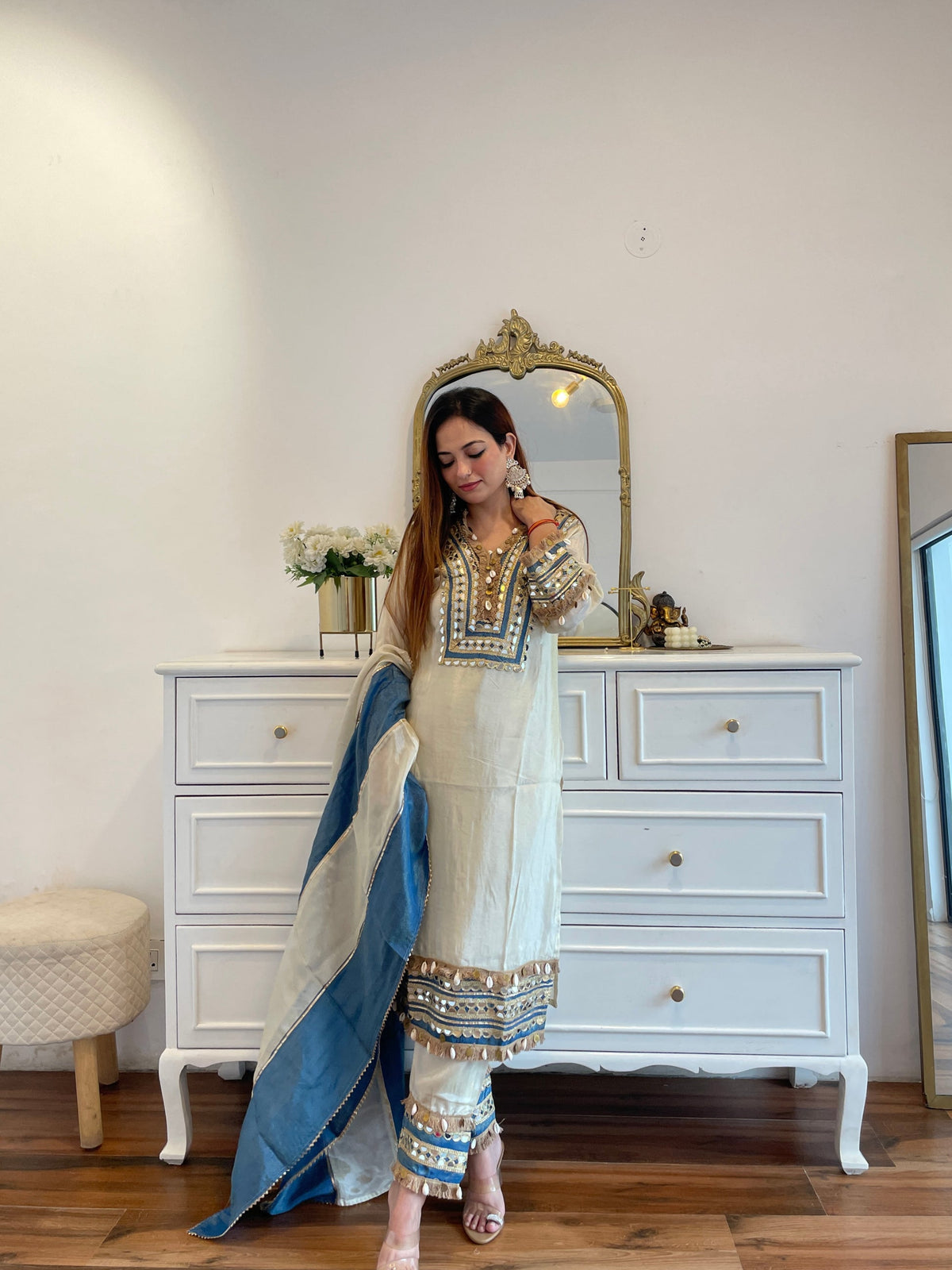 KOHINOOR BLUE TISSUE SHIMMER EMBROIDERED MIRROR WORK SUIT SET