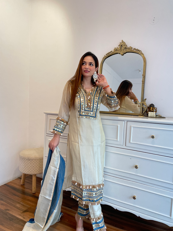 KOHINOOR BLUE TISSUE SHIMMER EMBROIDERED MIRROR WORK SUIT SET