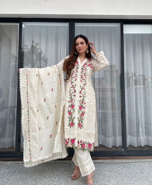 SAANVI IVORY PREMIUM KORA COTTON EMBROIDERED SUIT SET