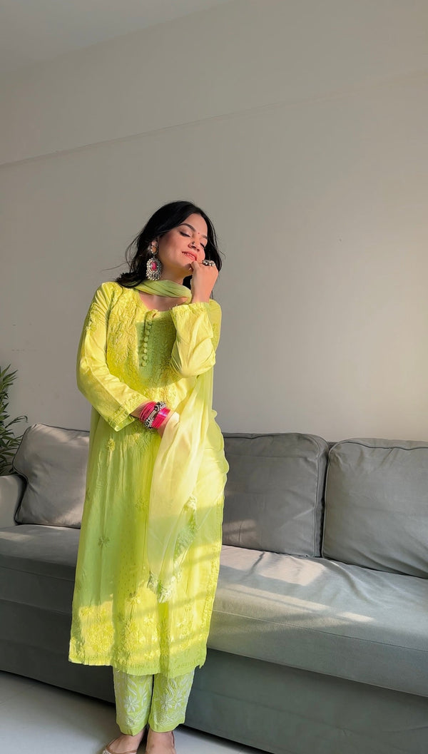 RUHI NEON GREEN COTTON CHIKANKARI SET