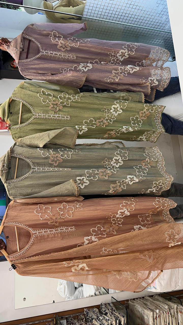 ALISHA OLIVE GREEN PREMIUM CRUSH TISSUE FABRIC HANDWORK SUIT