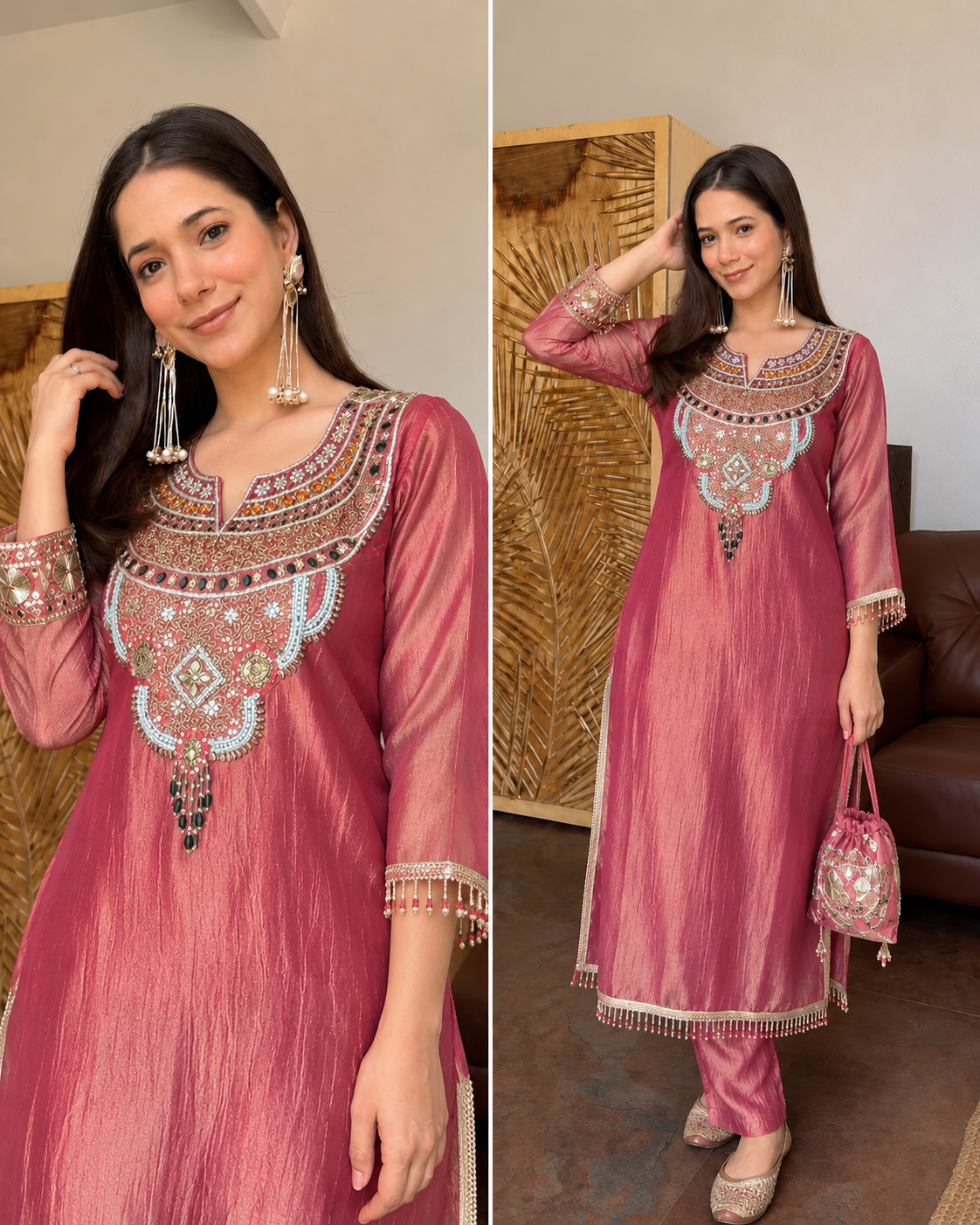SAIRA MAUVE PINK TISSUE SHIMMER HANDWORK LONG CO-ORD SET