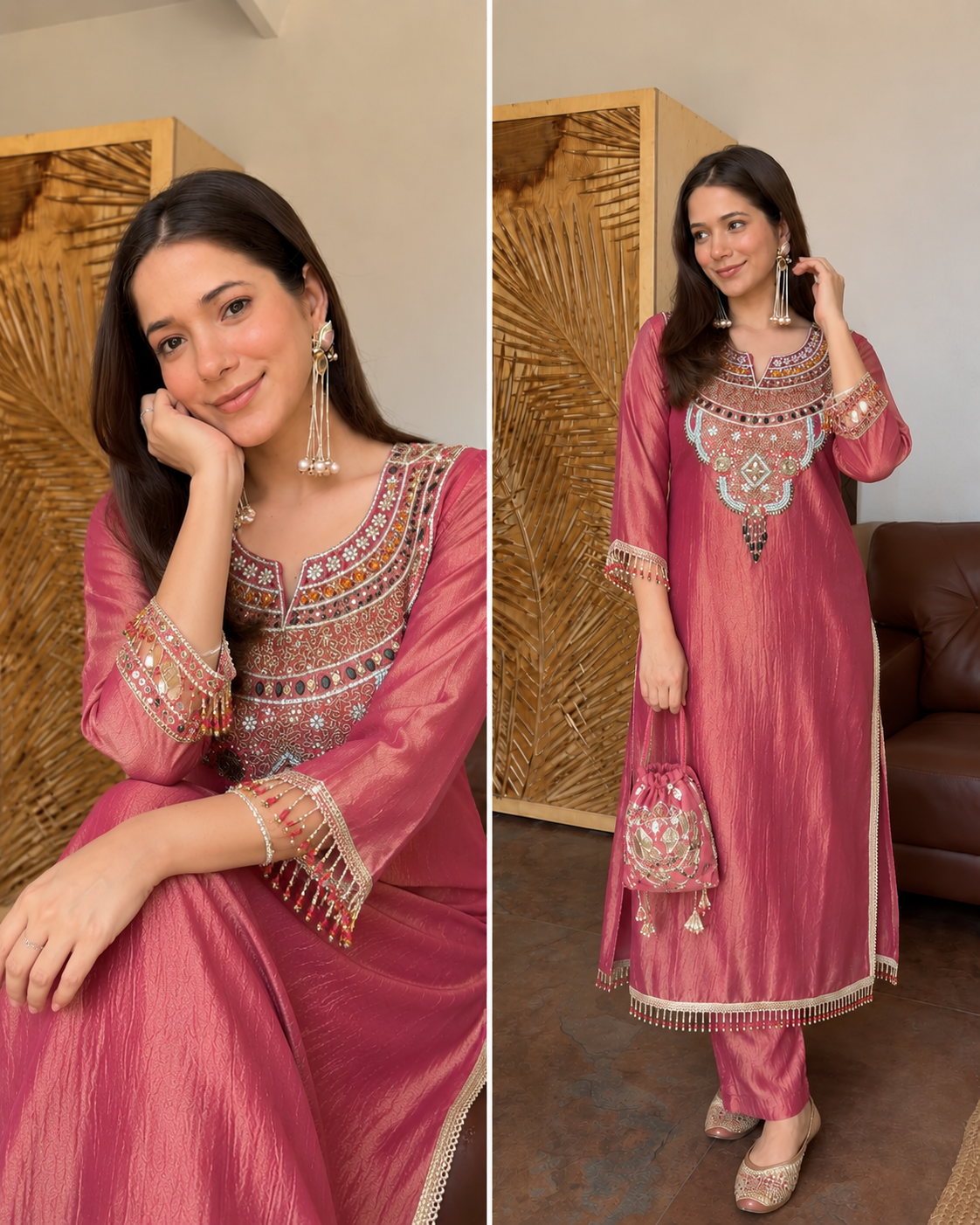 SAIRA MAUVE PINK TISSUE SHIMMER HANDWORK LONG CO-ORD SET