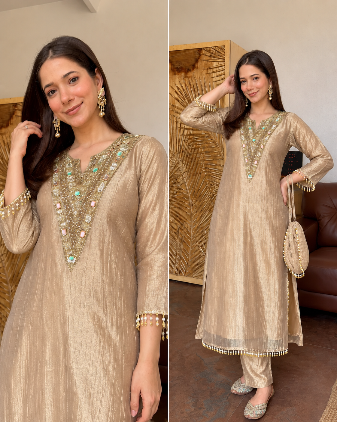 BEGUM BEIGE TISSUE SHIMMER HANDWORK LONG CO-ORD SET WITH POTLI