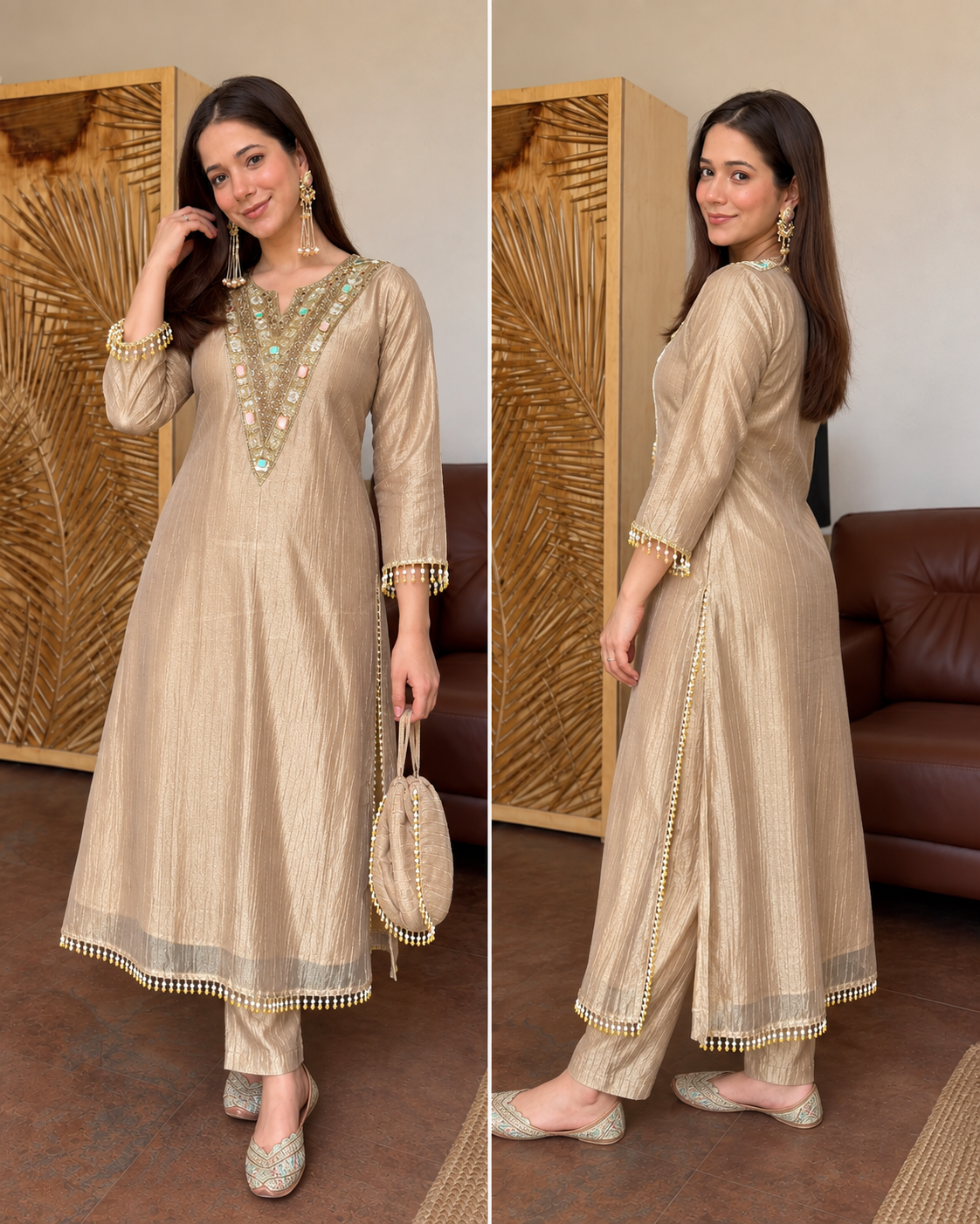 BEGUM BEIGE TISSUE SHIMMER HANDWORK LONG CO-ORD SET WITH POTLI