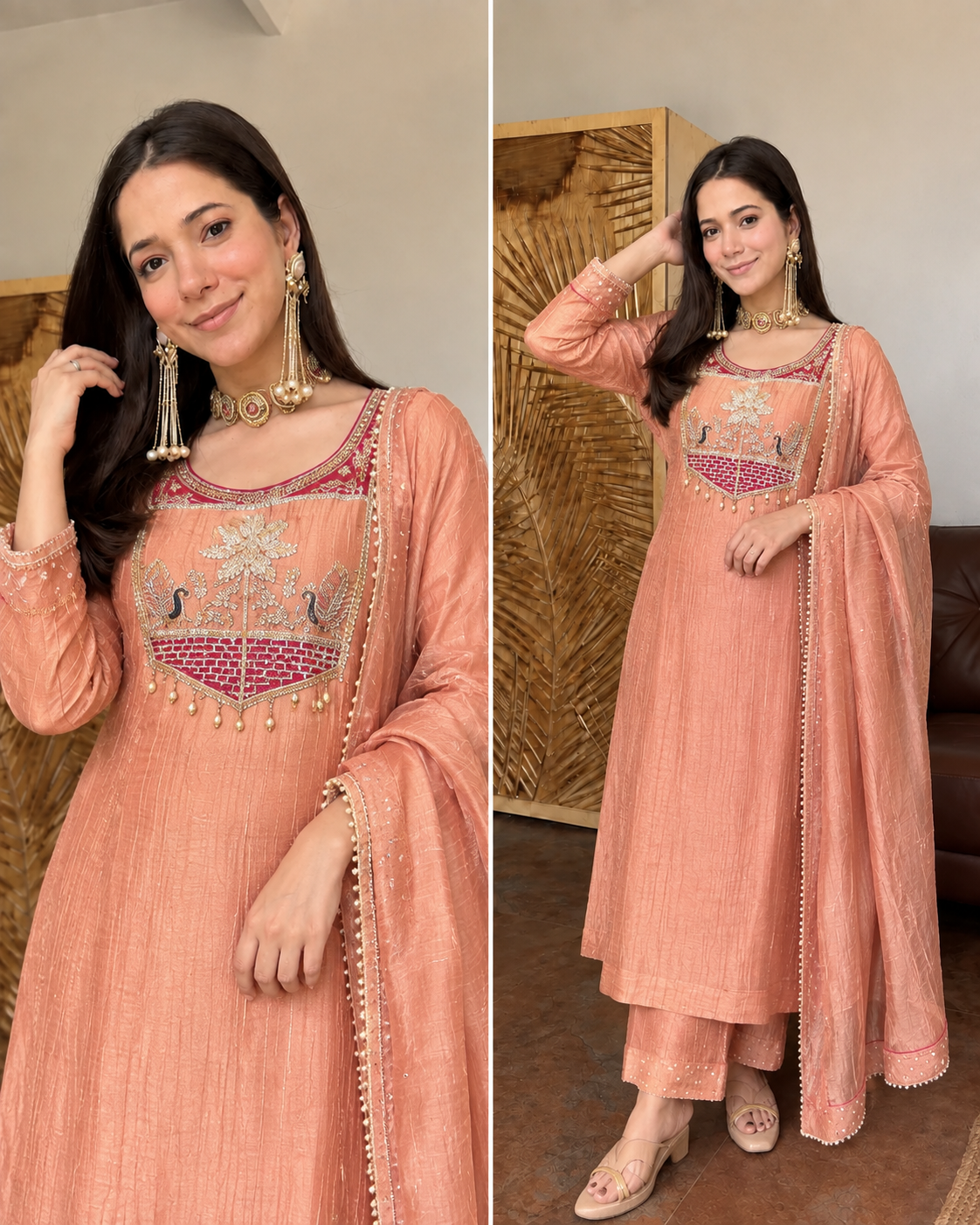 MORNI PEACH SALSA FABRIC HANDWORK DETAILING SUIT SET