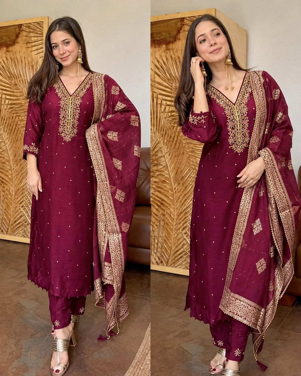 NAZNEEN DARK CHERRY PURE DOLA SILK HANDWORK SUIT SET