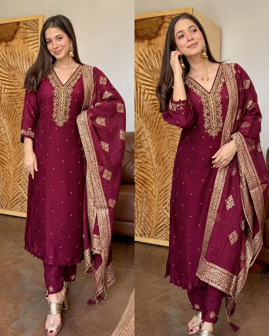 NAZNEEN DARK CHERRY PURE DOLA SILK HANDWORK SUIT SET