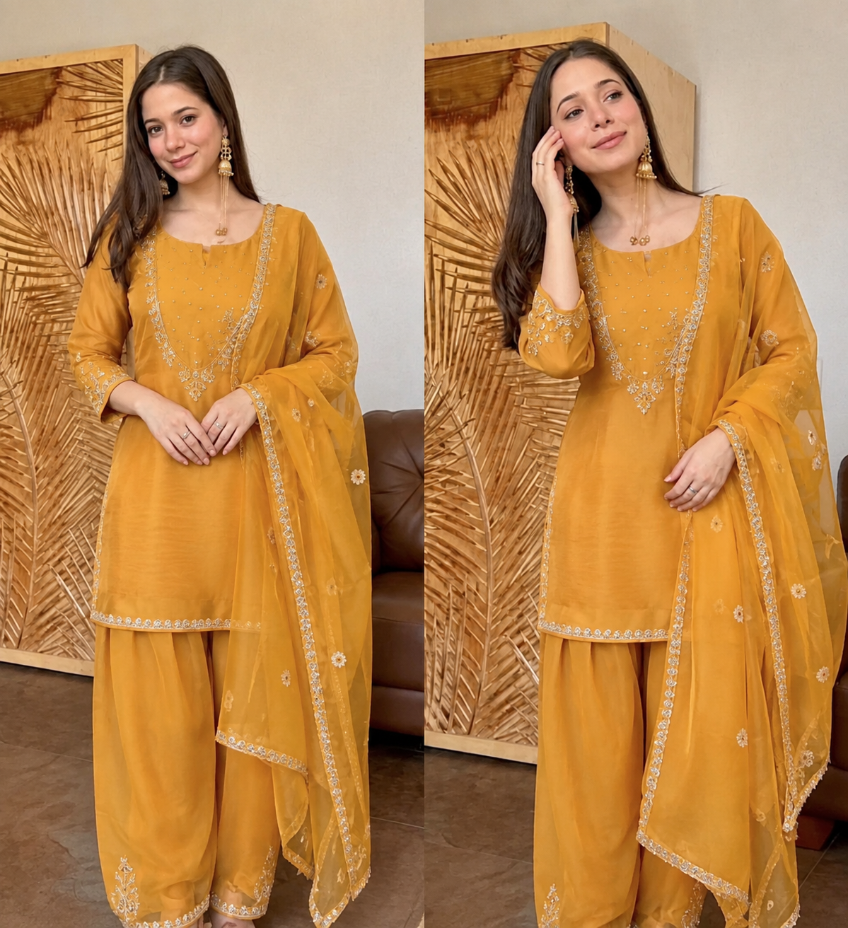 NARGIS GOLD DUSK TISSUE SHIMMER SUIT SET
