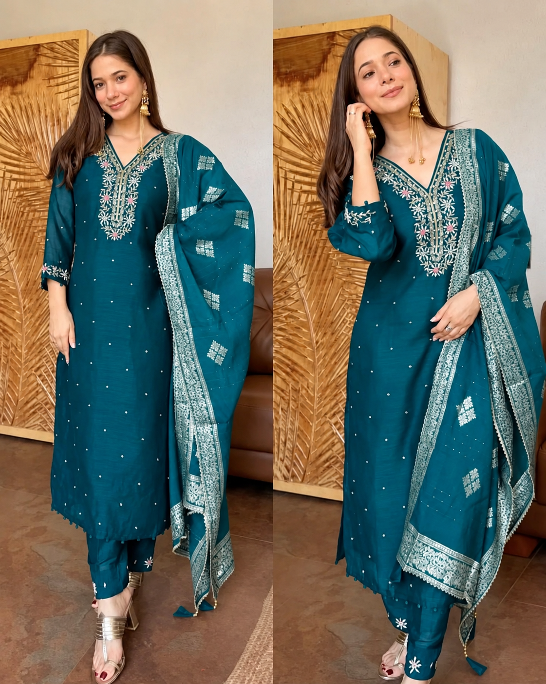 NAZNEEN RAMA GREEN PURE DOLA SILK HANDWORK SUIT SET
