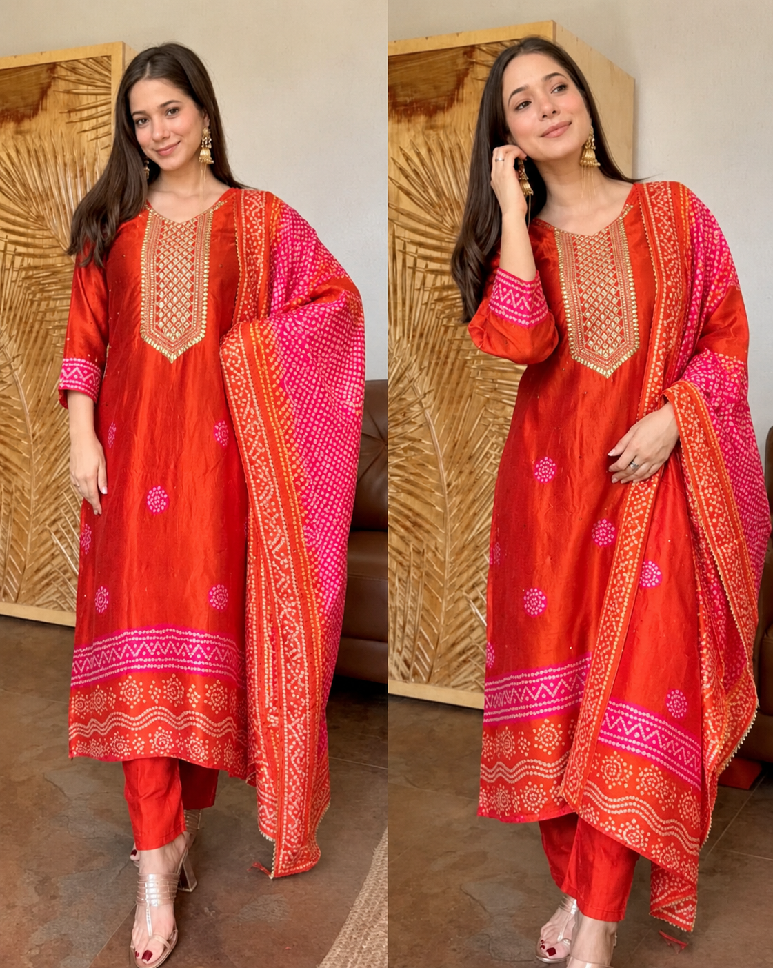 SARGI BURNT ORANGE PURE GAJJI SILK BANDHANI SUIT SET