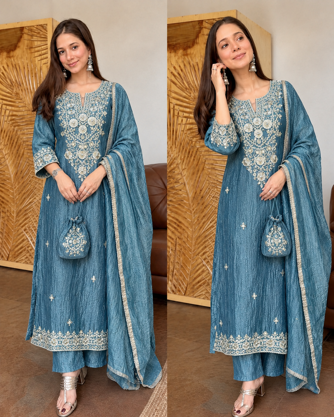 BARKAT BLUE PREMIUM SALSA FABRIC SUIT WITH POTLI
