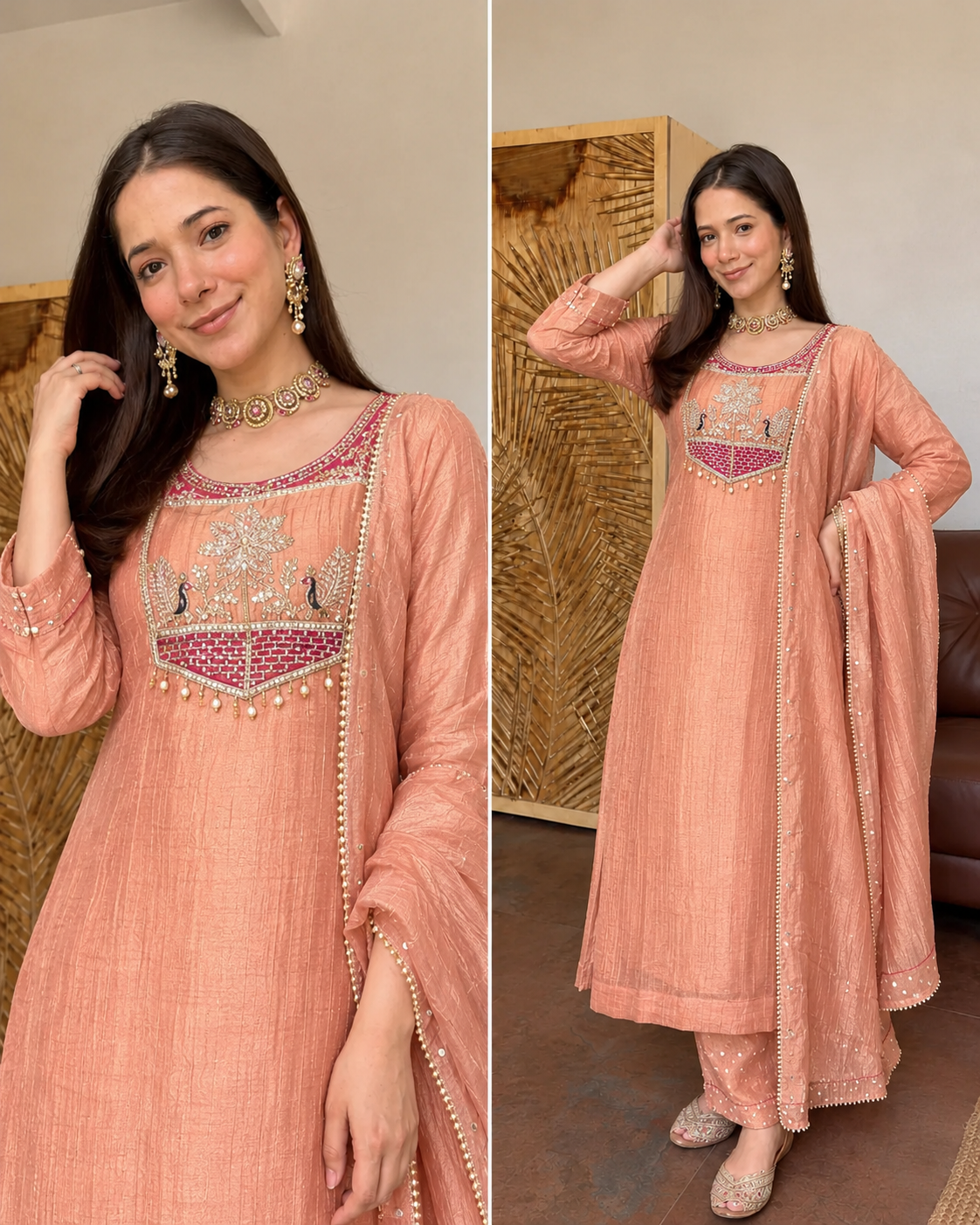 MORNI PEACH SALSA FABRIC HANDWORK DETAILING SUIT SET