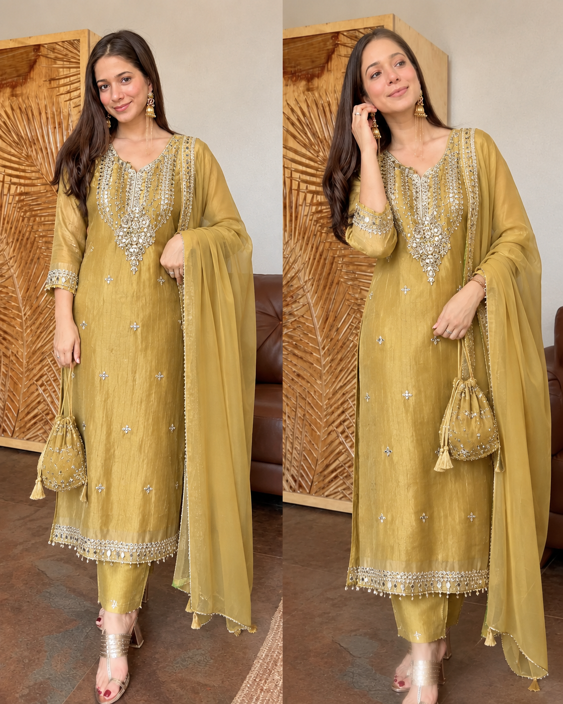 FARZANA METALLIC GOLD PREMIUM TISSUE FABRIC GOTTA WORK SUIT WITH POTLI