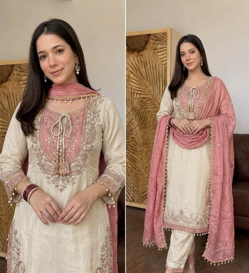 HAANIA IVORY PREMIUM TISSUE SHIMMER SUIT SET