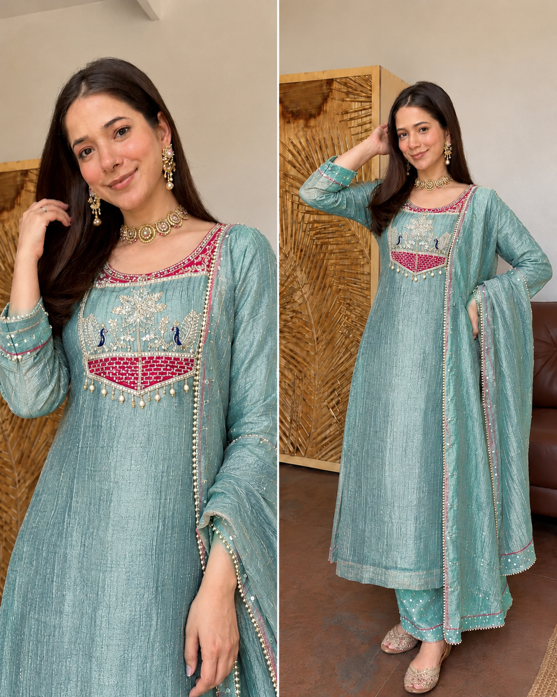 MORNI BLUE SALSA FABRIC HANDWORK DETAILING SUIT SET