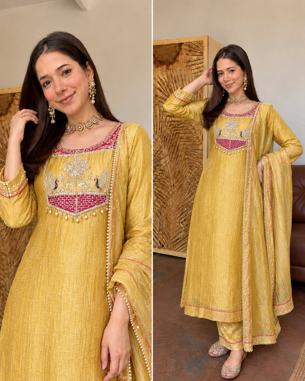 MORNI YELLOW GOLD SALSA FABRIC HANDWORK DETAILING SUIT SET