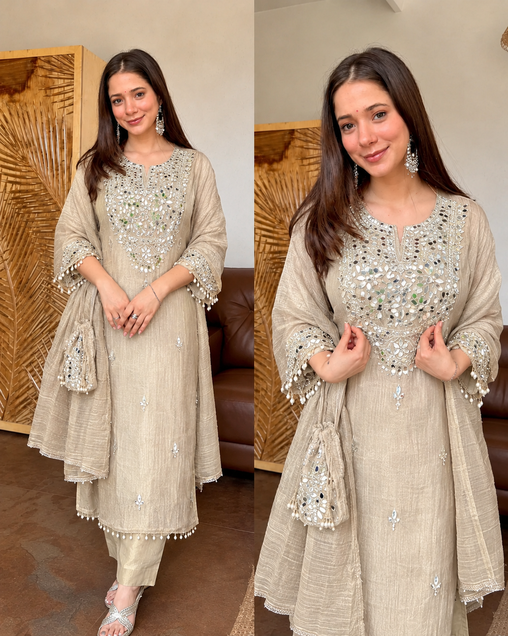 FARZANA BEIGE PREMIUM TISSUE FABRIC GOTTA WORK SUIT WITH POTLI