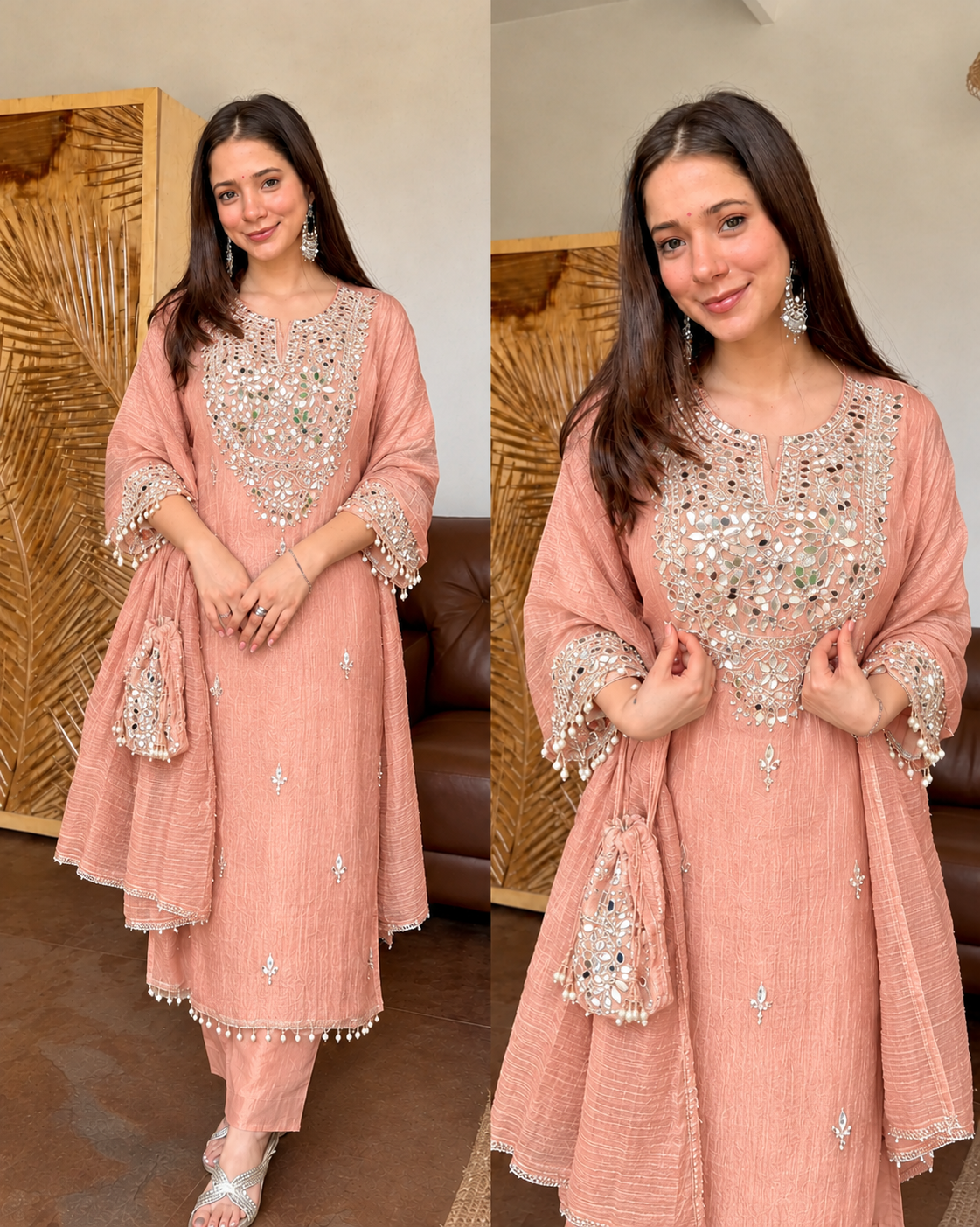 FARZANA PEACH PREMIUM TISSUE FABRIC GOTTA WORK SUIT WITH POTLI