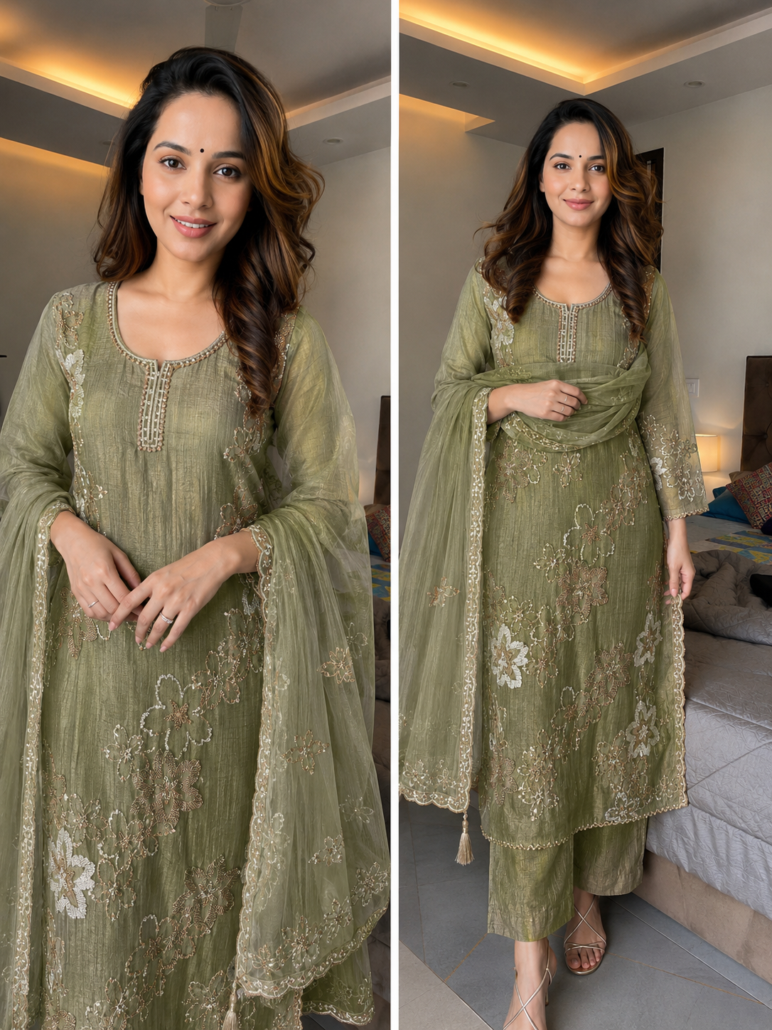 ALISHA OLIVE GREEN PREMIUM CRUSH TISSUE FABRIC HANDWORK SUIT