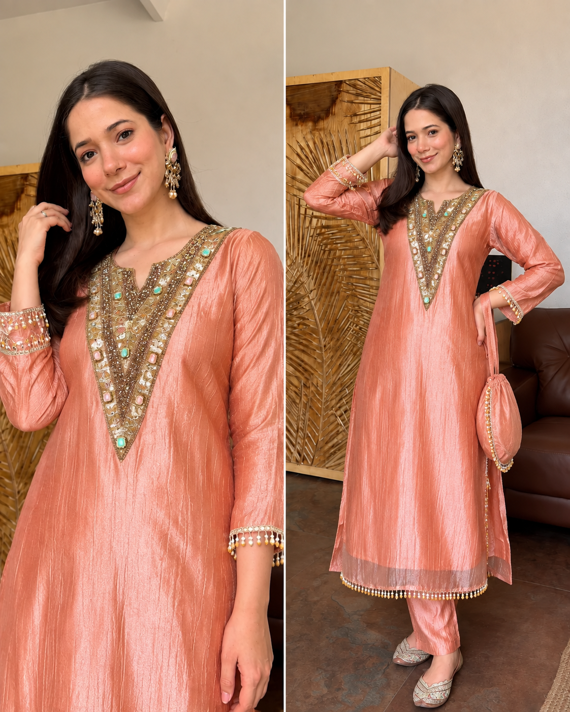 BEGUM CORAL PEACH TISSUE SHIMMER HANDWORK LONG CO-ORD SET WITH POTLI